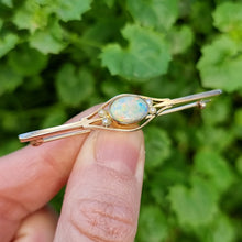 Load image into Gallery viewer, Antique 9ct Gold Opal & Pearl Bar Brooch by Murrle Bennett in hand