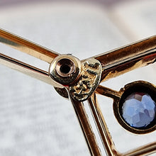 Load image into Gallery viewer, Antique 15ct Gold Sapphire & Pearl Bar Brooch stamp