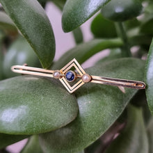 Load image into Gallery viewer, Antique 15ct Gold Sapphire & Pearl Bar Brooch on plant