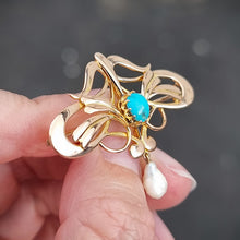 Load image into Gallery viewer, Art Nouveau 15ct Gold Turquoise & Pearl Brooch in hand
