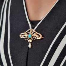 Load image into Gallery viewer, Art Nouveau 15ct Gold Turquoise & Pearl Brooch modelled