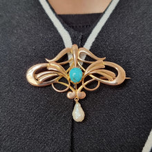 Load image into Gallery viewer, Art Nouveau 15ct Gold Turquoise & Pearl Brooch modelled