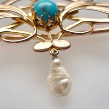 Load image into Gallery viewer, Art Nouveau 15ct Gold Turquoise & Pearl Brooch dropper