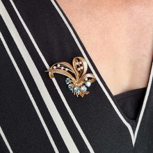 Load image into Gallery viewer, Vintage 9ct Gold Blue Zircon & Pearl Bouquet Brooch modelled