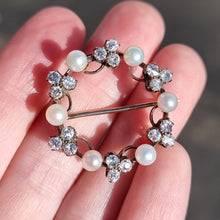 Load image into Gallery viewer, Antique 9ct Gold & Silver Diamond and Pearl Circle Brooch in hand