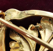 Load image into Gallery viewer, Art Nouveau 9ct Gold Enamel & Pearl Leaf Brooch