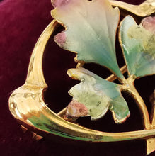 Load image into Gallery viewer, Art Nouveau 9ct Gold Enamel & Pearl Leaf Brooch