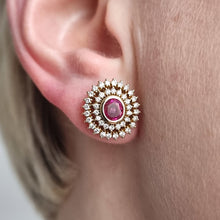 Load image into Gallery viewer, 18ct Gold Ruby and Diamond Cluster Stud Earrings modelled