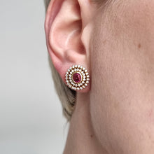 Load image into Gallery viewer, 18ct Gold Ruby and Diamond Cluster Stud Earrings modelled