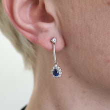 Load image into Gallery viewer, Vintage 18ct White Gold Sapphire & Diamond Drop Earrings modelled