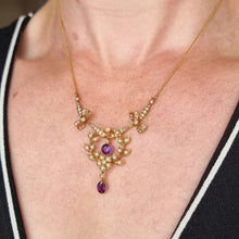 Load image into Gallery viewer, Antique Murrle Bennett 15ct Gold Amethyst & Pearl Necklace modelled