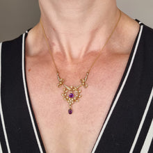 Load image into Gallery viewer, Antique Murrle Bennett 15ct Gold Amethyst & Pearl Necklace modelled