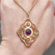 Load image into Gallery viewer, Antique 9ct Gold Amethyst & Pearl Pendant with Chain in hand