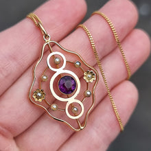 Load image into Gallery viewer, Antique 9ct Gold Amethyst & Pearl Pendant with Chain in hand
