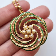 Load image into Gallery viewer, Vintage 18ct Gold Enamel & Pearl Pendant Necklace in hand