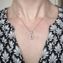 Load image into Gallery viewer, Vintage 18ct White Gold Pink Sapphire & Diamond Pendant modelled with chain
