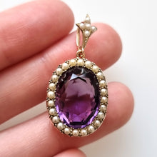 Load image into Gallery viewer, Antique 9ct Gold Amethyst & Seed Pearl Cluster Pendant in hand