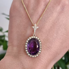 Load image into Gallery viewer, Antique 9ct Gold Amethyst & Seed Pearl Cluster Pendant with chain