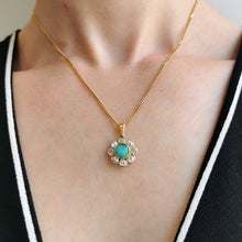 Load image into Gallery viewer, Antique 18ct Gold Opal & Diamond Cluster Pendant modelled around the neck, witha yellow gold chain