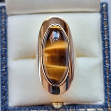 Load image into Gallery viewer, Vintage 9ct Yellow Gold Oval Tiger's Eye Dress Ring, Circa 1960