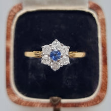 Load image into Gallery viewer, Vintage 18ct Gold Sapphire and Diamond Cluster Ring, 0.50ct in box