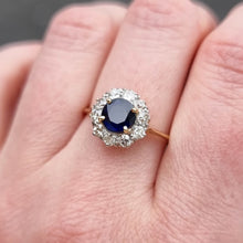 Load image into Gallery viewer, Vintage 18ct Gold Sapphire & Diamond Cluster Ring modelled on finger