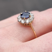 Load image into Gallery viewer, Vintage 18ct Gold Sapphire & Diamond Cluster Ring modelled on finger