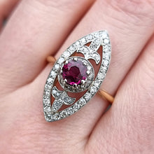 Load image into Gallery viewer, Art Deco 18ct Gold & Platinum Ruby and Diamond Navette Ring modelled