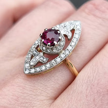 Load image into Gallery viewer, Art Deco 18ct Gold & Platinum Ruby and Diamond Navette Ring modelled