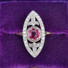 Load image into Gallery viewer, Art Deco 18ct Gold & Platinum Ruby and Diamond Navette Ring in box