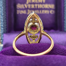 Load image into Gallery viewer, Art Deco 18ct Gold & Platinum Ruby and Diamond Navette Ring rear