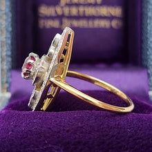 Load image into Gallery viewer, Art Deco 18ct Gold & Platinum Ruby and Diamond Navette Ring side