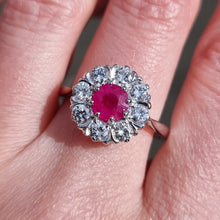 Load image into Gallery viewer, Vintage 18ct White Gold Ruby & Diamond Cluster Ring modelled