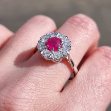 Load image into Gallery viewer, Vintage 18ct White Gold Ruby & Diamond Cluster Ring modelled