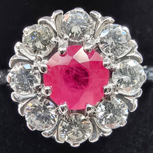 Load image into Gallery viewer, Vintage 18ct White Gold Ruby & Diamond Cluster Ring close-up