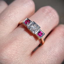 Load image into Gallery viewer, Vintage 18ct Gold Ruby & Diamond Three Stone Ring modelled