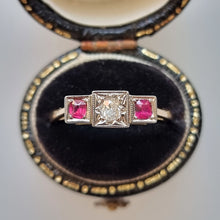 Load image into Gallery viewer, Vintage 18ct Gold Ruby & Diamond Three Stone Ring in box
