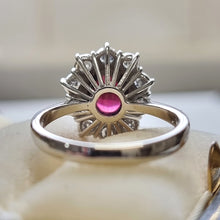 Load image into Gallery viewer, Vintage 18ct White Gold Garnet & Diamond Cluster Ring behind head