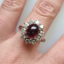 Load image into Gallery viewer, Vintage 18ct White Gold Garnet & Diamond Cluster Ring modelled