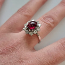 Load image into Gallery viewer, Vintage 18ct White Gold Garnet & Diamond Cluster Ring modelled