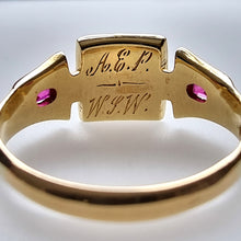 Load image into Gallery viewer, Victorian 18ct Gold Pearl, Ruby & Diamond Ring inscription