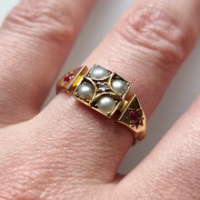 Load image into Gallery viewer, Victorian 18ct Gold Pearl, Ruby & Diamond Ring modelled