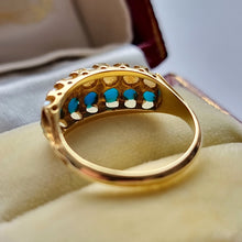 Load image into Gallery viewer, Victorian 18ct Gold Turquoise & Pearl Double Row Ring behind head