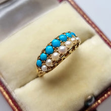 Load image into Gallery viewer, Victorian 18ct Gold Turquoise & Pearl Double Row Ring in box