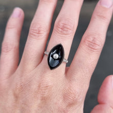 Load image into Gallery viewer, Art Deco 18ct White Gold Onyx & Diamond Navette Ring modelled