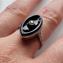 Load image into Gallery viewer, Art Deco 18ct White Gold Onyx & Diamond Navette Ring modelled