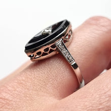 Load image into Gallery viewer, Art Deco 18ct White Gold Onyx & Diamond Navette Ring modelled