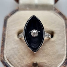 Load image into Gallery viewer, Art Deco 18ct White Gold Onyx & Diamond Navette Ring in box