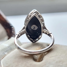 Load image into Gallery viewer, Art Deco 18ct White Gold Onyx & Diamond Navette Ring behind head