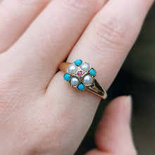 Load image into Gallery viewer, Victorian 15ct Gold Turquoise, Pearl & Ruby Ring
